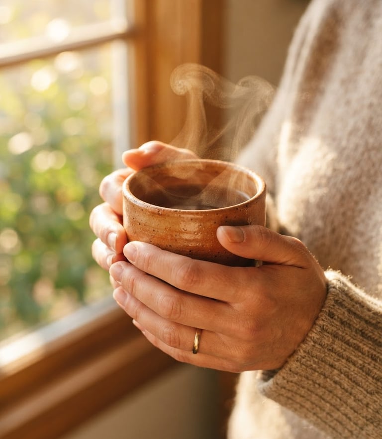Close-up of hands holding a warm terracotta mug filled with steaming tea, soft morning golden-hour light streaming through a window, shallow depth of field, 35mm