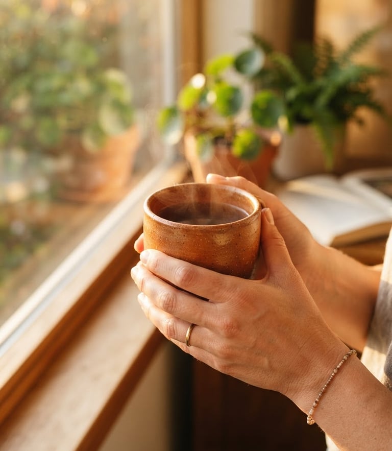 A warm, close-up shot of hands holding a steaming terracotta mug by a sunny window, soft golden-hour light illuminating the earthy glaze texture, shallow depth of field, 35mm.
