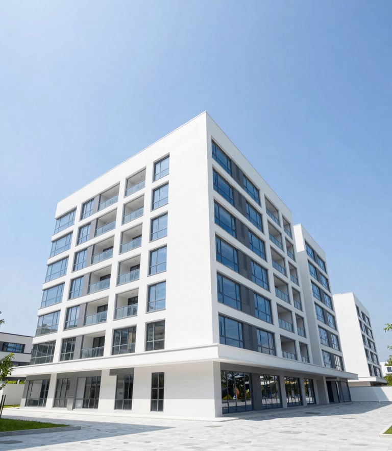 Bright architectural perspective of a modern commercial development under high-key natural daylight, clean structural lines, blue sky reflections