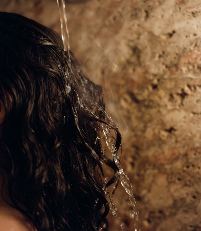 Extreme close-up of warm water slowly flowing over dark hair, steam rising, soft low-key candlelight, travertine stone texture in background, tactile, 35mm
