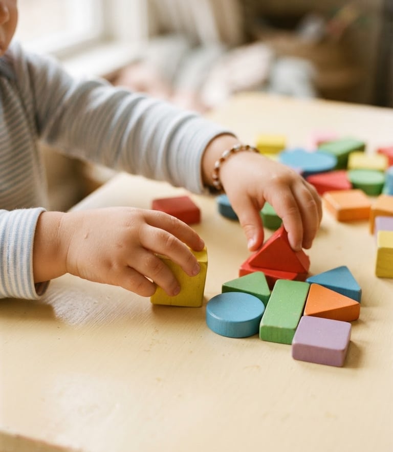 A bright, warm close-up of a child's hands sorting colorful wooden blocks on a cream table, soft natural daylight, 35mm