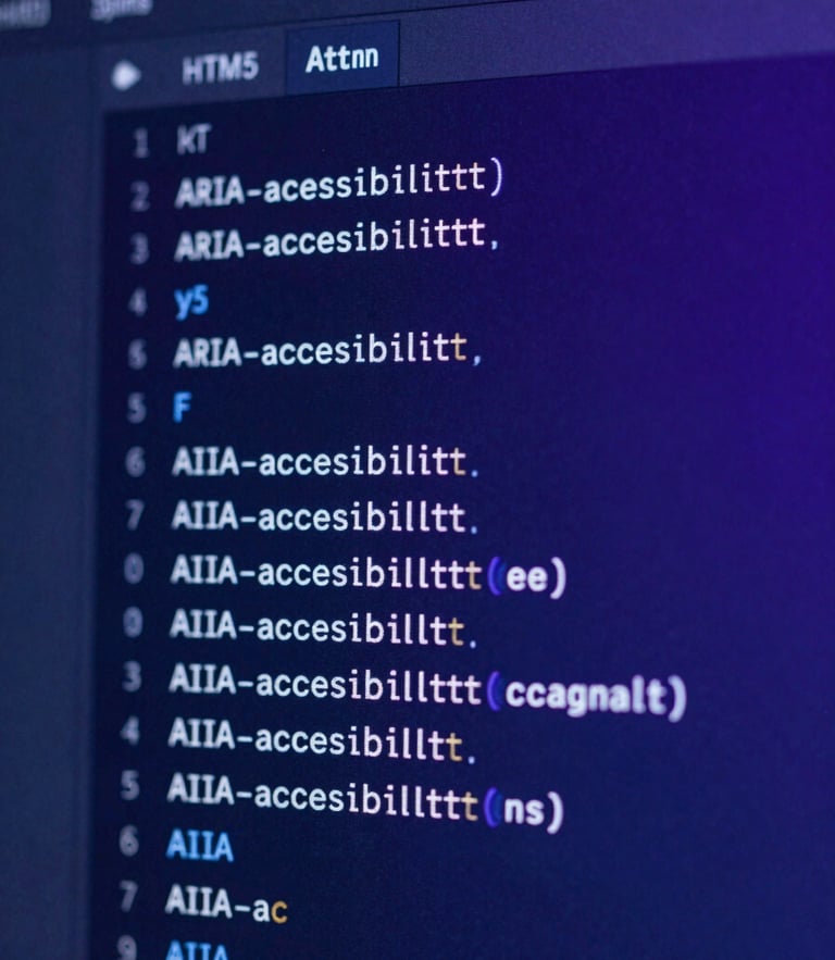 Macro shot of a high-fidelity digital interface displaying structured HTML5 code with highlighted ARIA accessibility tags, cool blue and purple studio lighting.