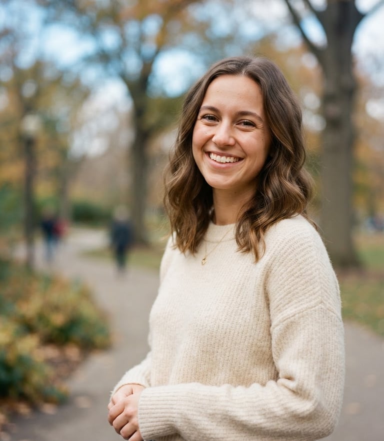 A bright, natural portrait of a young professional in Indiana smiling, soft overcast daylight, warm ivory tones, shallow depth of field, 35mm
