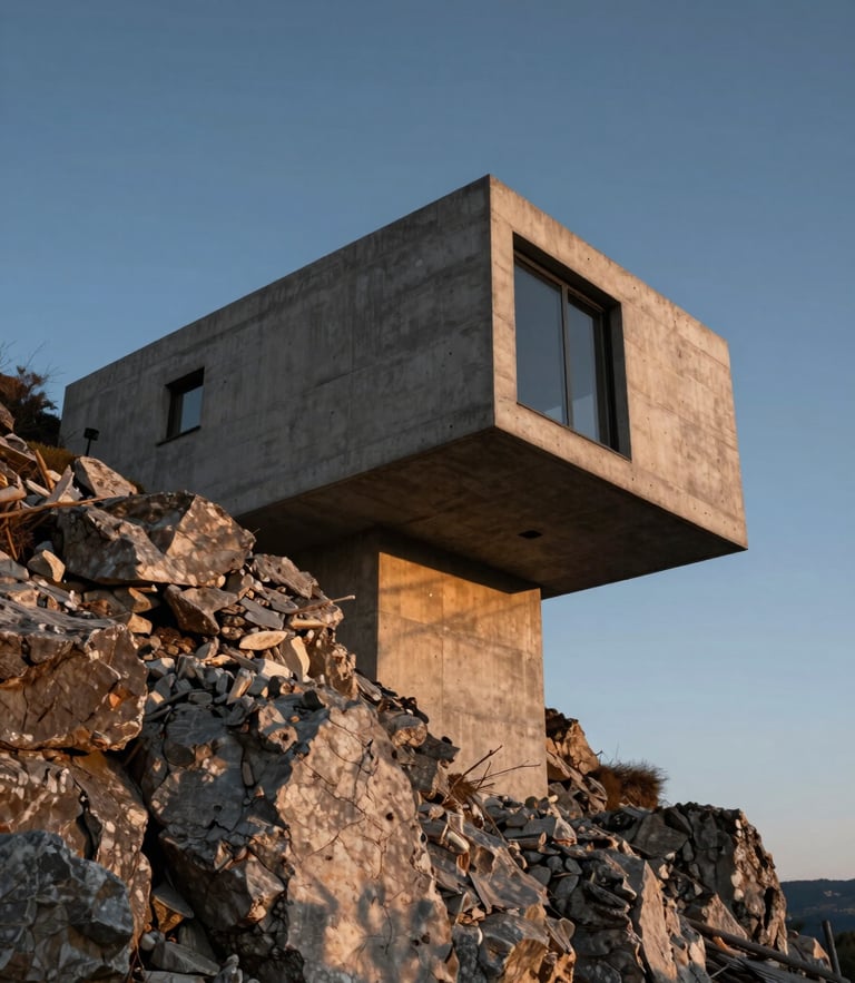 A dramatic low-angle twilight photograph of a completed raw concrete and blackened steel residential cantilever projecting over a rocky cliffside, casting long geometric shadows.