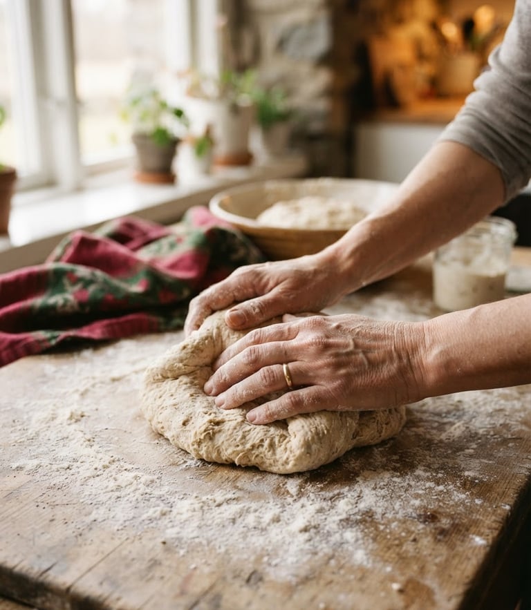 Close-up of hands kneading sourdough on a floured wooden table, soft Scandinavian morning light streaming through a window, shallow depth of field, 35mm.
