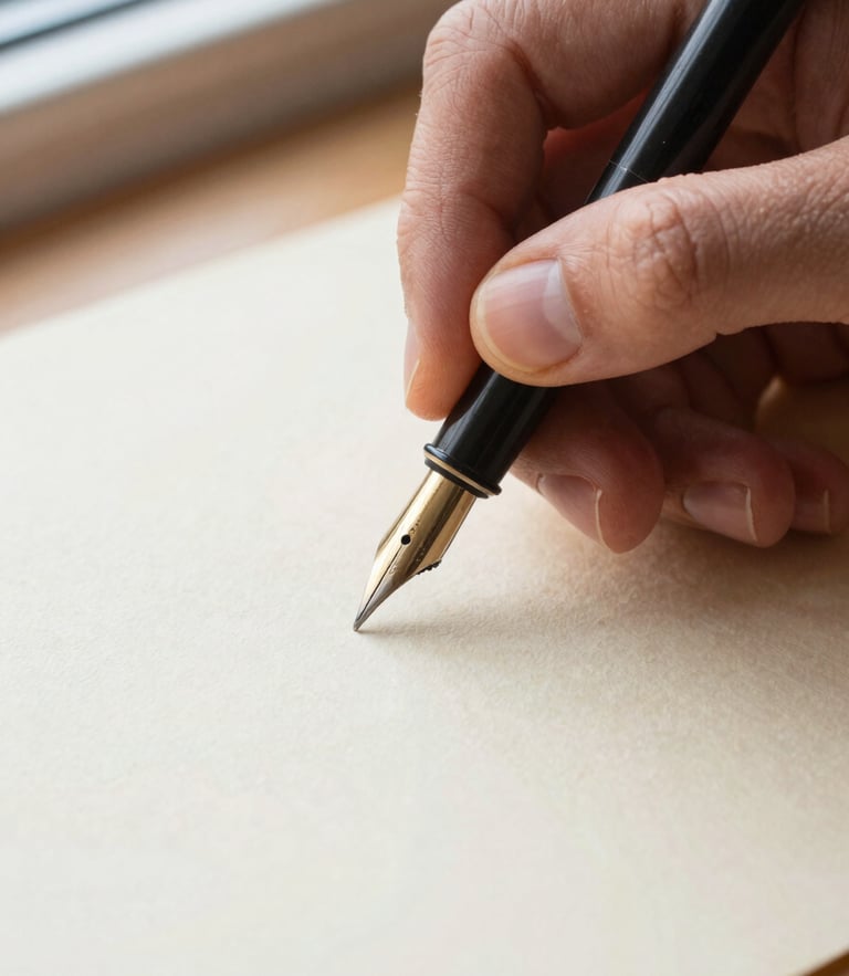 Macro close-up of a craftsman's hands testing the ink flow of a fountain pen on textured cream paper, bright natural side-light