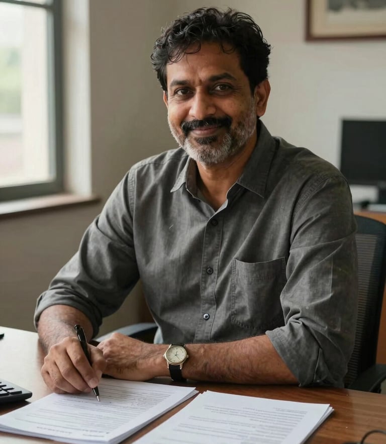 Candid portrait of Sanjay in a warm, natural office setting, sitting at a wooden desk with physical policy documents, soft daylight from a side window.