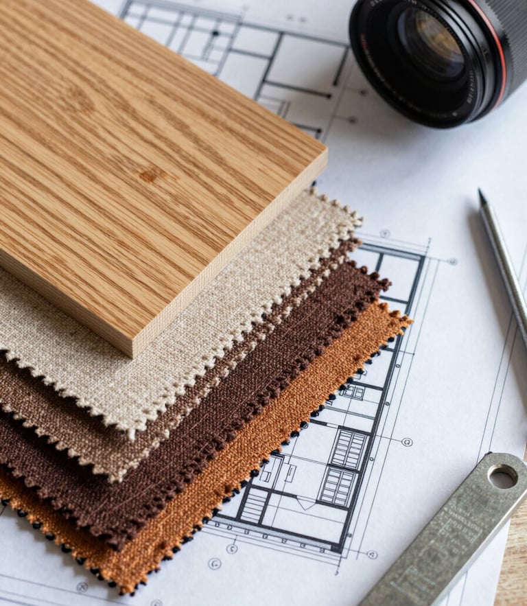 Top-down macro shot of architectural blueprints layered over warm textile swatches, oak wood samples, and steel engineering tools on a clean desk, natural light