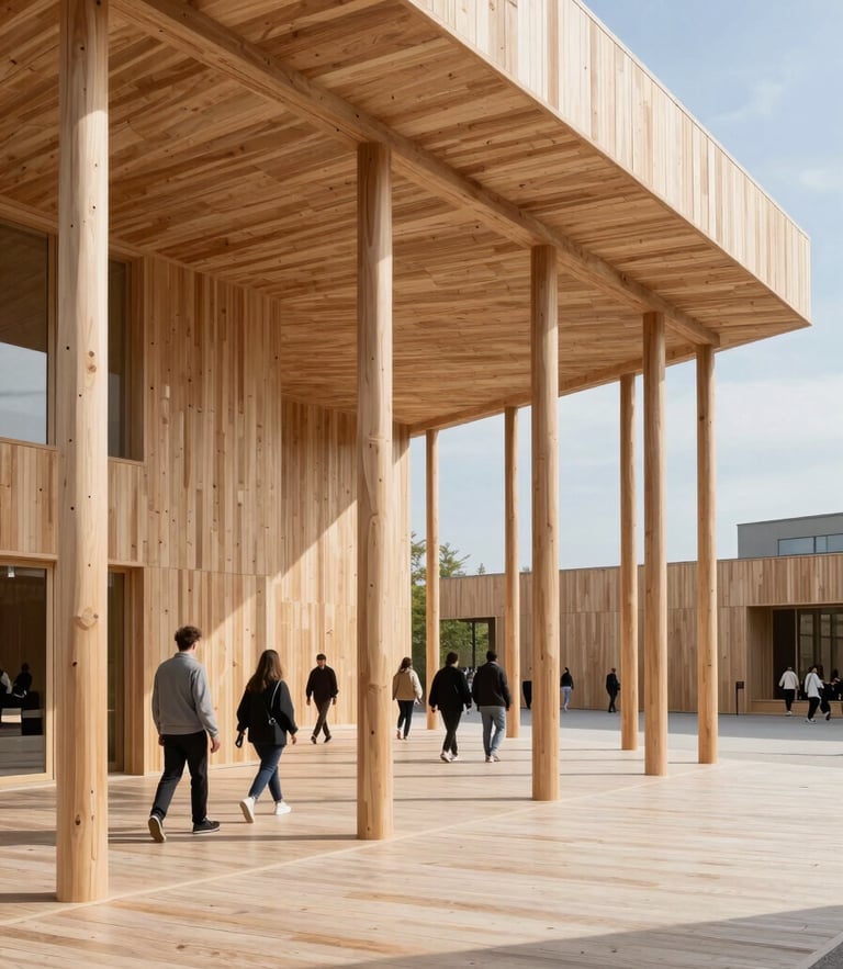 A striking modern timber exhibition pavilion under bright daylight, clean Scandinavian lines, architectural scale, people walking through the installation.