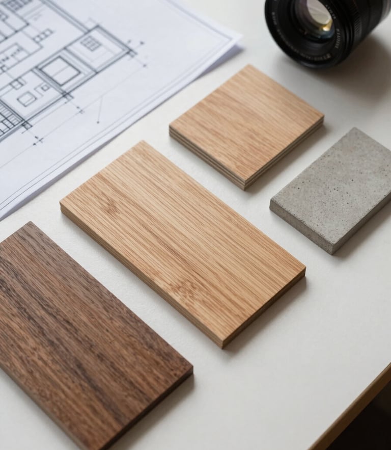 Top-down macro shot of architectural blueprints, raw wood swatches, and concrete samples arranged on a clean worktable under bright natural light.