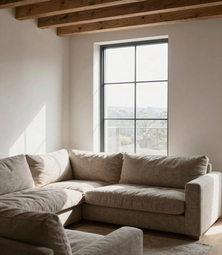 A portrait-oriented, high-contrast shot of a minimalist Scandinavian living room with raw oak beams, natural linen textures, and bright daylight streaming through a large steel-framed window.