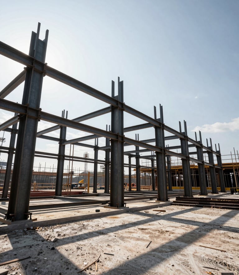 Wide architectural angle of an active civil construction site, steel framing rising against a bright daylight sky, sharp shadows, high-contrast structural lines.