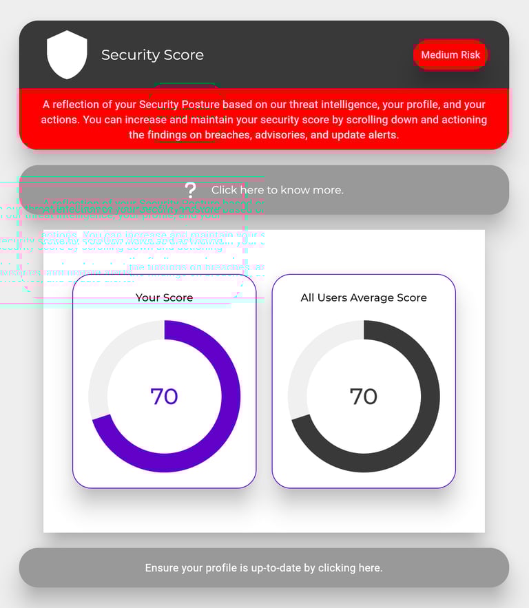 Security score dashboard showing a medium risk rating with circular charts comparing user and average scores.