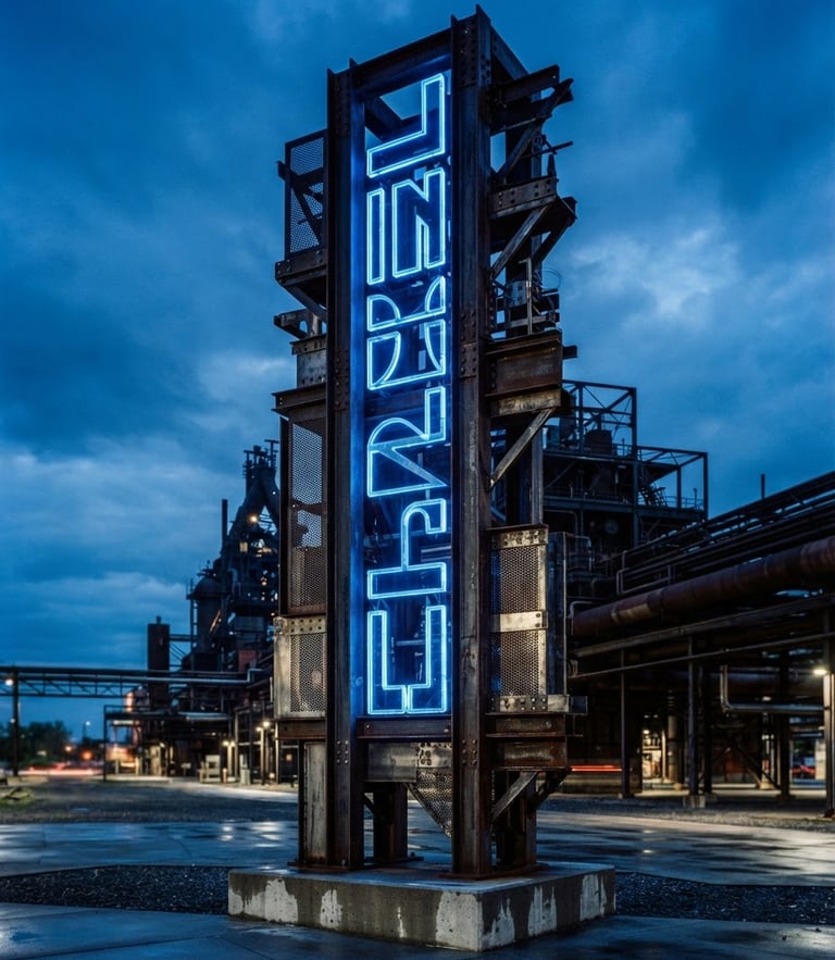 Close-up of a massive illuminated steel totem sign at dusk, glowing blue acrylic letters, architectural structural details, sharp focus, 35mm lens