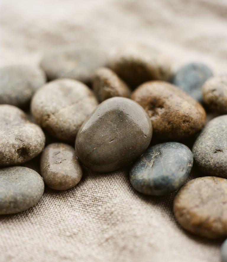A close-up of smooth, warm river stones resting on textured linen under soft, diffused coastal daylight, shallow depth of field, 35mm.