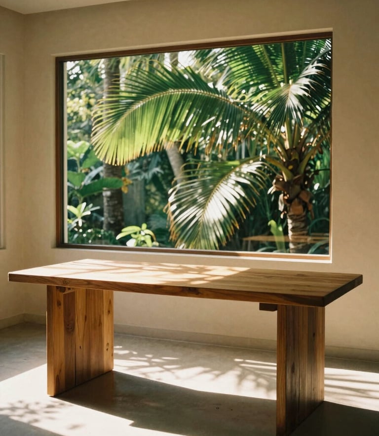 Warm editorial photography of a modern minimalist studio interior with a dedicated teak wood desk, sun-dappled morning light filtering through tropical palm leaves outside the window, 35mm film style.