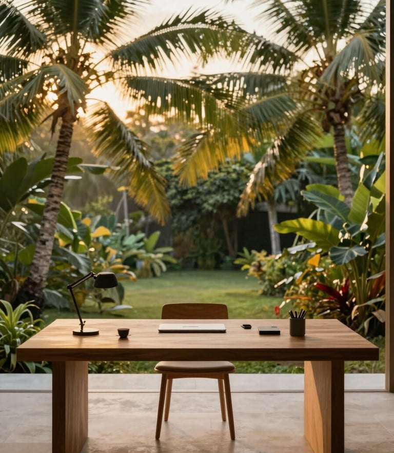Warm editorial photograph of a modern minimalist workspace with teak wood desk, overlooking a lush tropical garden with palms in Puerto Viejo, soft golden hour sunlight filtering through canopy.