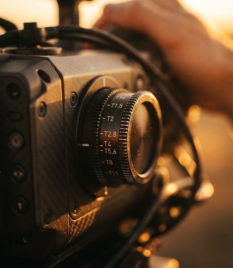 Extreme close-up of a high-end cinema camera dial, golden hour backlighting, rich warm tones, shallow depth of field, 35mm lens.