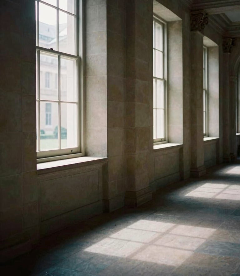 Soft natural interior window light illuminating the quiet, empty stone hallway of a classical research institute, deep shadows, 35mm lens