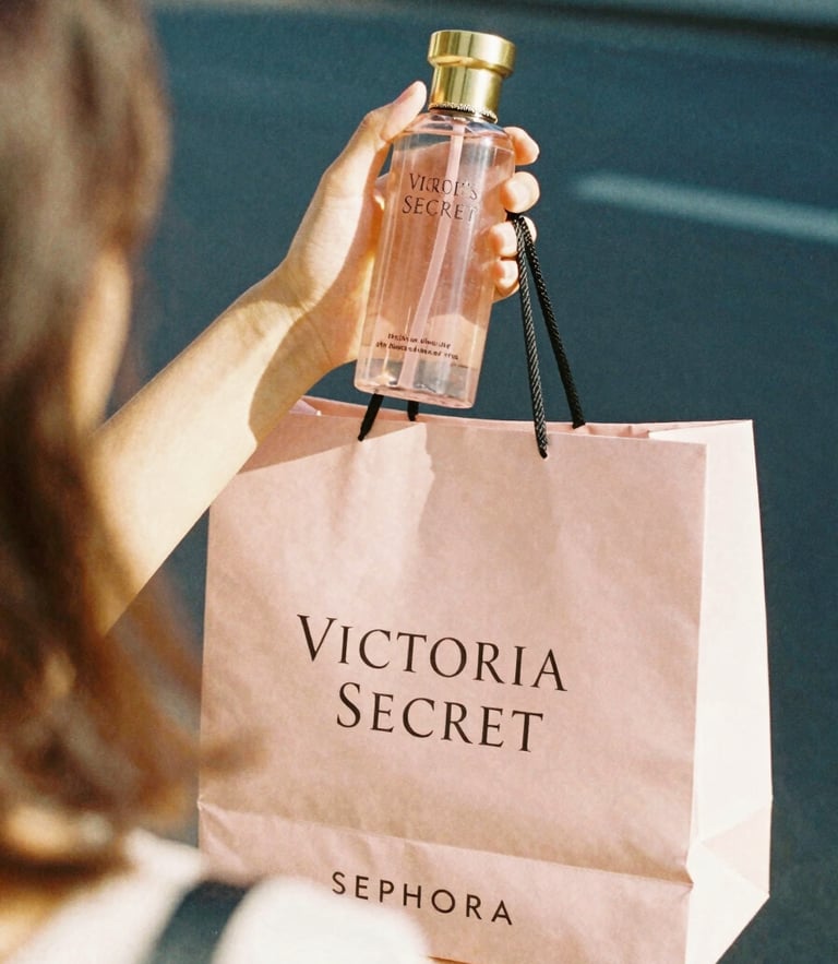 Candid over-the-shoulder shot of a hand holding a Victoria's Secret body mist and a Sephora shopping bag, bright natural daylight, warm golden hour, 35mm film style.
