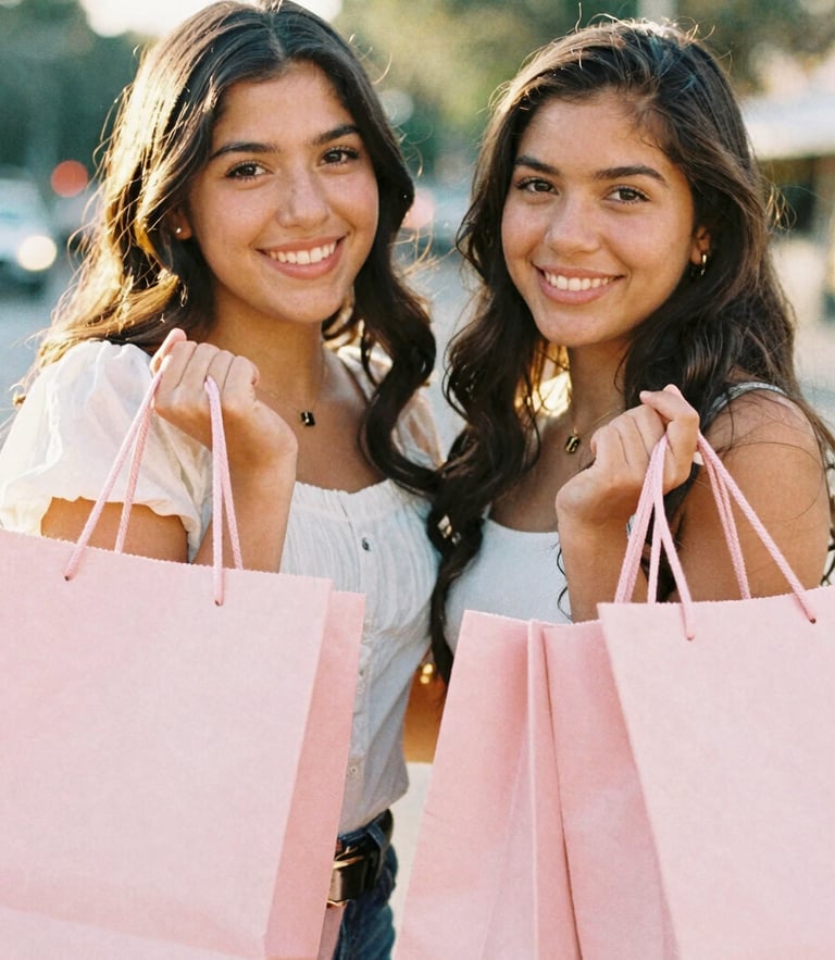 Candid portrait of two smiling Mexican sisters holding beautifully wrapped pink shopping bags, warm golden hour light, shallow depth of field, 35mm film style