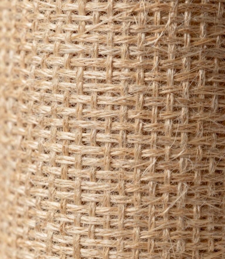 Macro close-up of heavy woven industrial textile fibers, warm daylight highlighting the structural grid of the weave, architectural and clean.