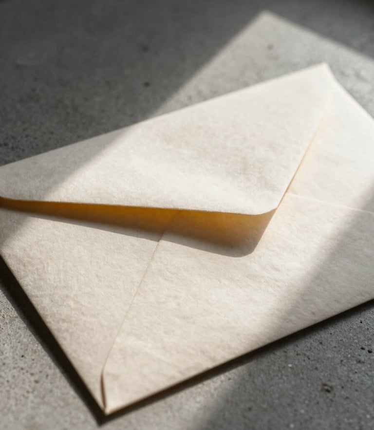 Macro shot of a heavy textured paper envelope on a concrete desk, sharp diagonal shadows, cold natural light, minimal composition.