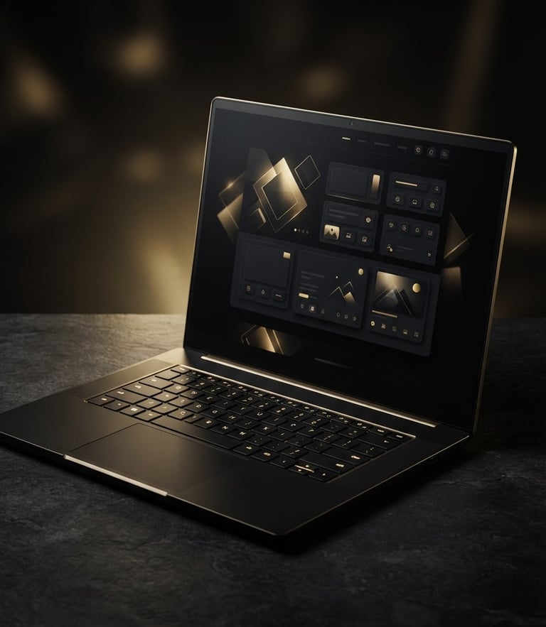 Sleek modern laptop displaying a dark-mode website mockup, dramatic low-key studio lighting, subtle warm gold backlighting, matte black and brushed gold tones