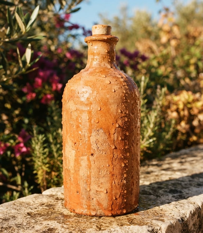 Close-up of a hand-glazed terracotta ceramic bottle dripping with morning water droplets, warm Mediterranean sunlight casting strong shadows, 35mm lens