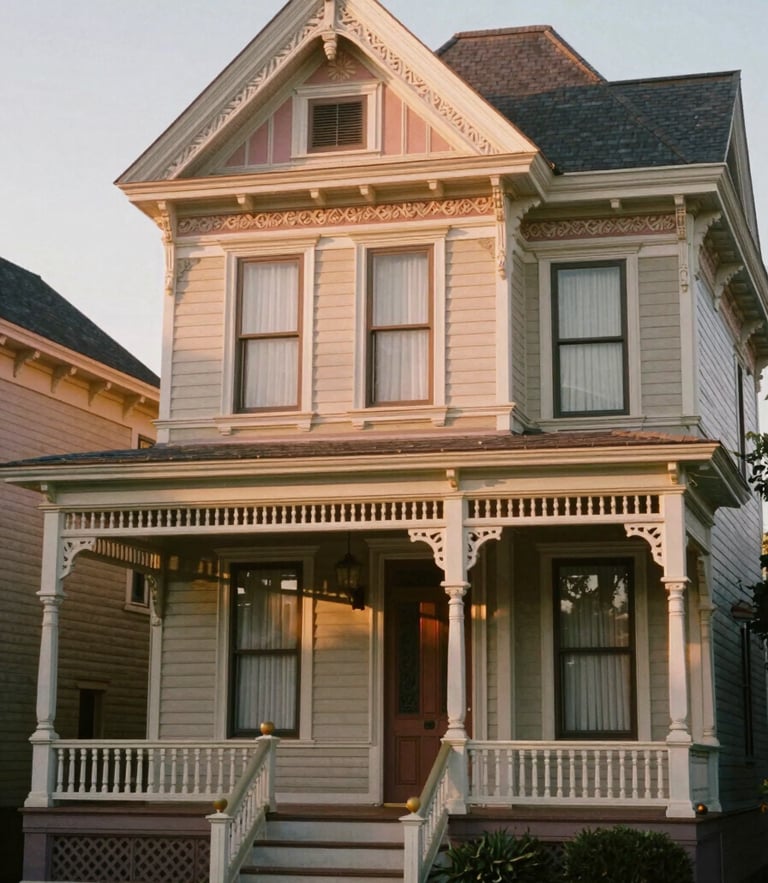 Warm heritage photography of the exterior of a grand 1890s Victorian home, exquisite carved wood trim, soft natural Texas evening light, shallow depth of field.