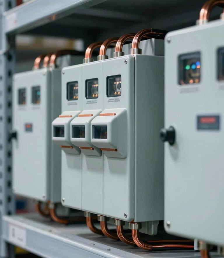 Close-up of heavy-duty industrial electrical breakers and copper wiring on organized warehouse shelves, cool daylight, sharp focus