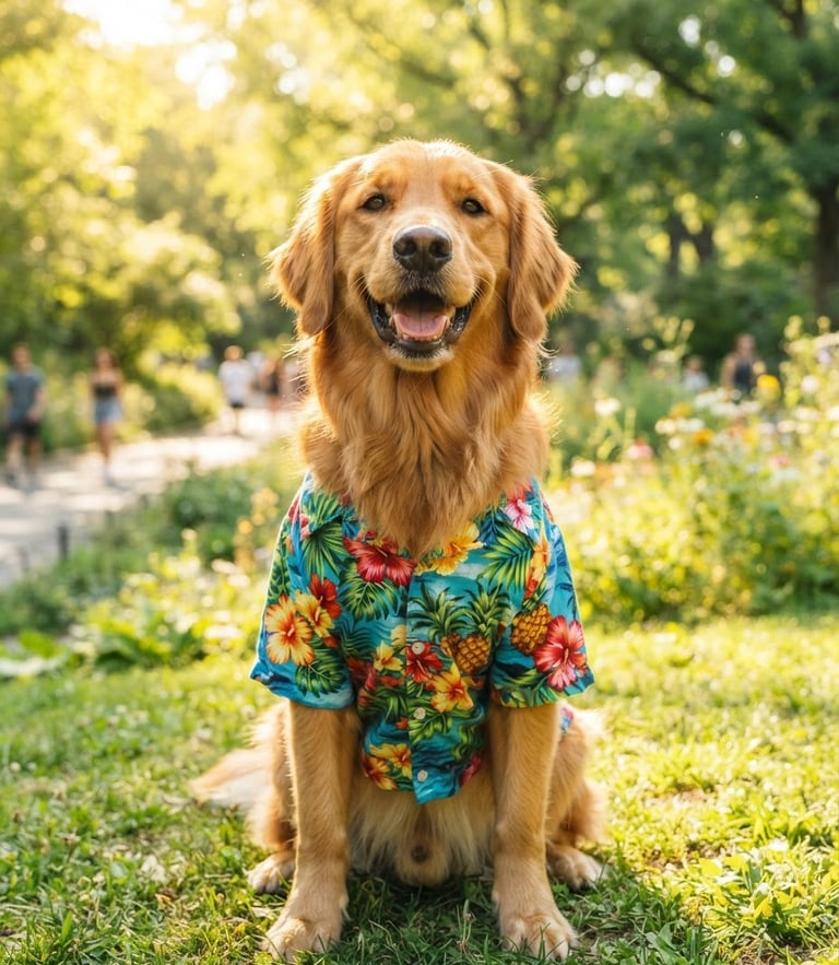 A happy golden retriever wearing a colorful tropical shirt, sitting in a sun-drenched park, looking at the camera, bright natural lifestyle photography, eye-level portrait