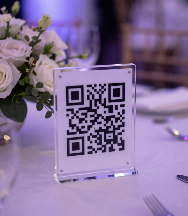 A sleek acrylic QR code stand sitting on a beautifully decorated wedding table next to a floral centerpiece, soft violet lighting, shallow depth of field.