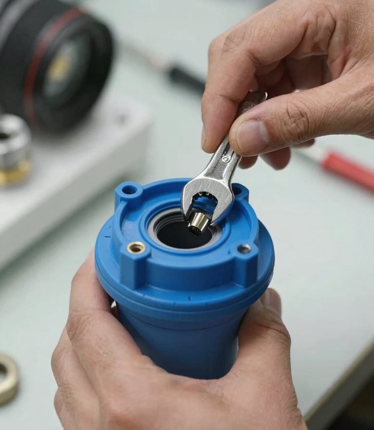 Close-up of a technician hands using a wrench to secure a blue RO water filter cartridge housing, bright clean lighting, focus on technical precision.