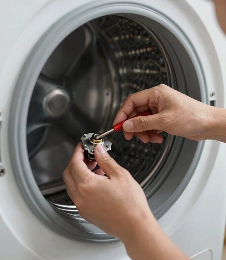 Close-up of a technician's hands using professional tools to replace a component inside a washing machine, bright natural lighting.