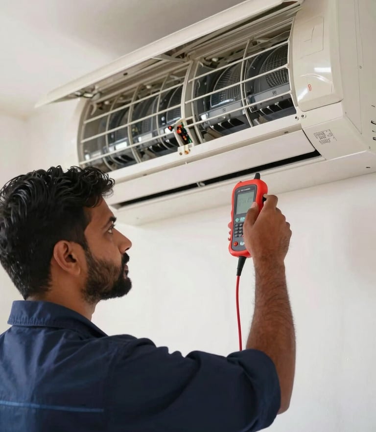 A professional Indian technician in a clean navy blue uniform inspecting a split air conditioner unit mounted on a wall, holding a diagnostic tool, bright natural daylight, close-up on hands and technical components.