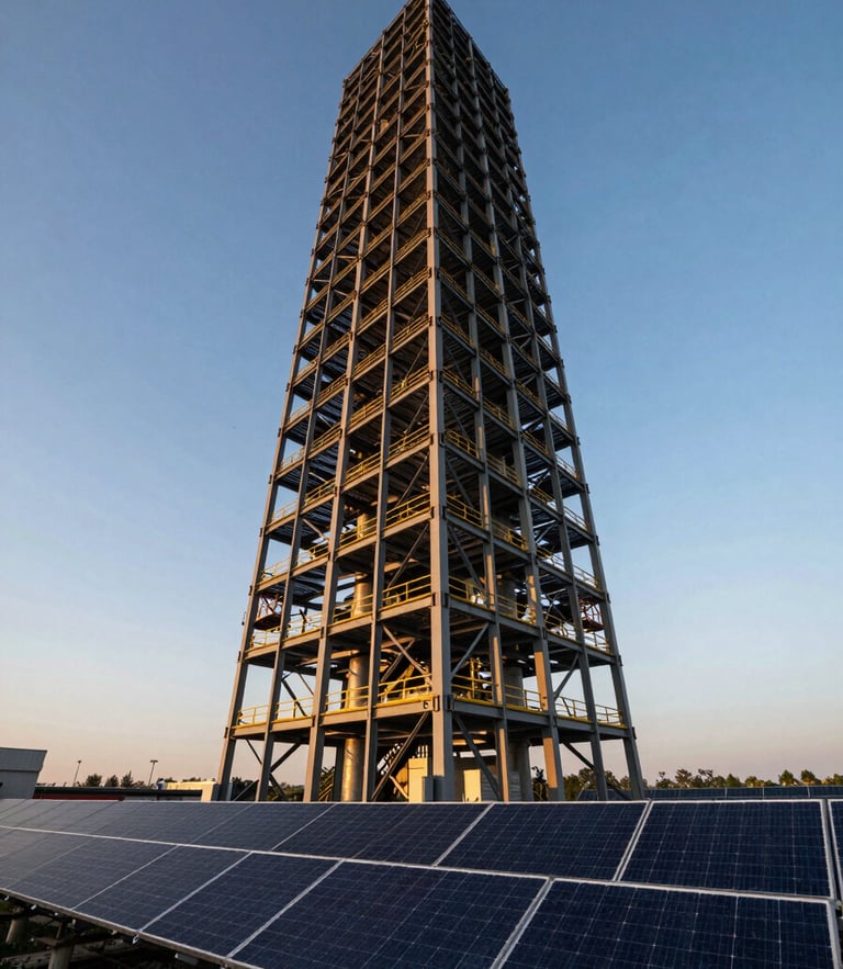 Low-angle dramatic shot of a steel high-rise frame transitioning into a vast solar field under golden hour lighting