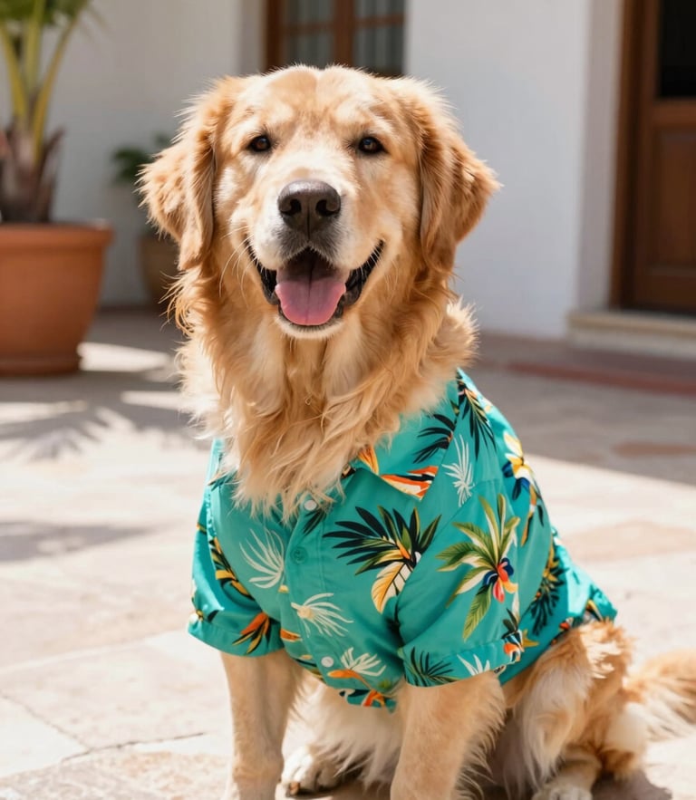 A happy golden retriever wearing a vibrant teal tropical shirt, sitting on a sunlit Mexican patio, bright natural daylight, eye-level 35mm