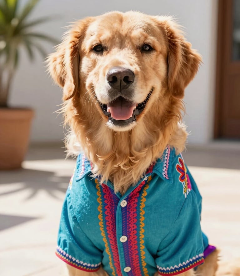 A happy fluffy golden retriever wearing a colorful custom-tailored Mexican style shirt, sitting in a bright sunlit patio, eye-level vibrant pet photography, warm natural daylight, shallow depth of field