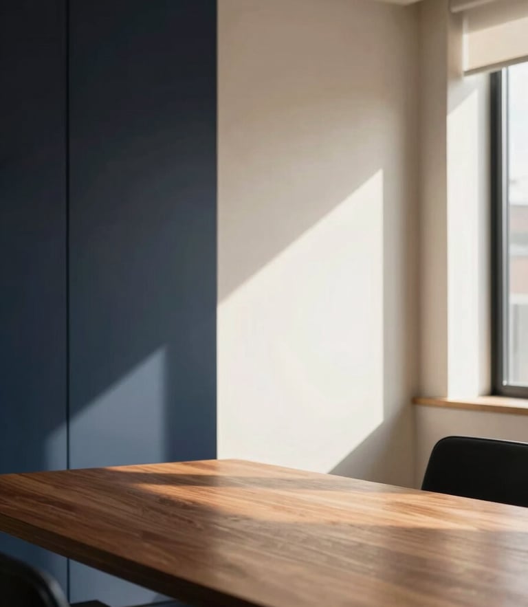Elegant interior of a minimalist consulting studio in Bogota, warm natural window light casting soft shadows on a wooden table, refined corporate aesthetic, 35mm