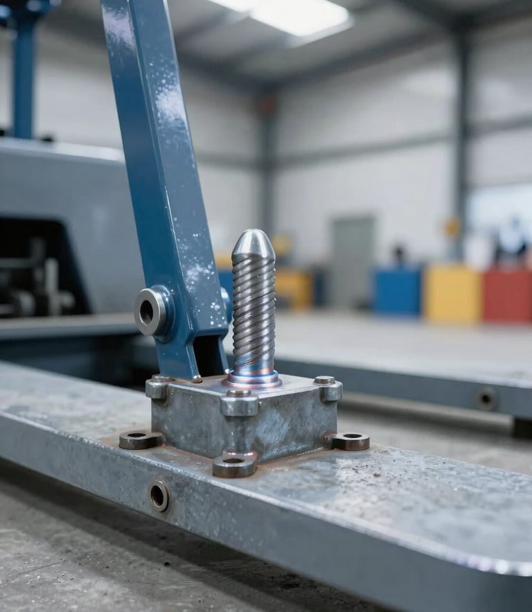 Close-up of a heavy-duty steel weld on an industrial pallet jack, bright warehouse skylight lighting, sharp focus, 35mm lens