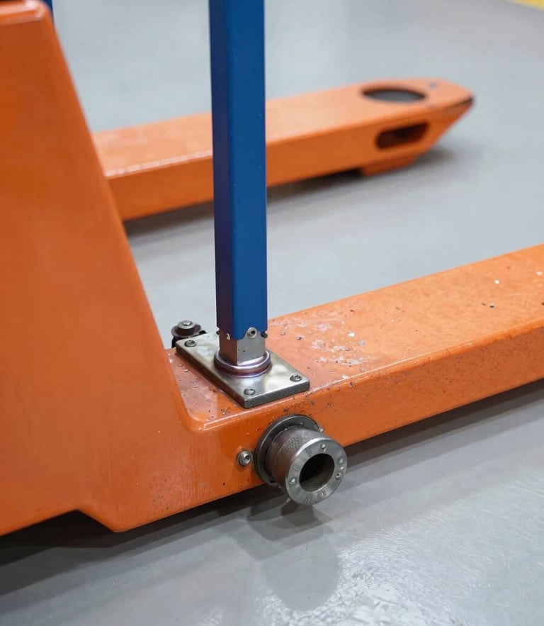 Close-up of heavy-duty steel weld on a massive orange industrial pallet jack, bright natural warehouse lighting, sharp focus