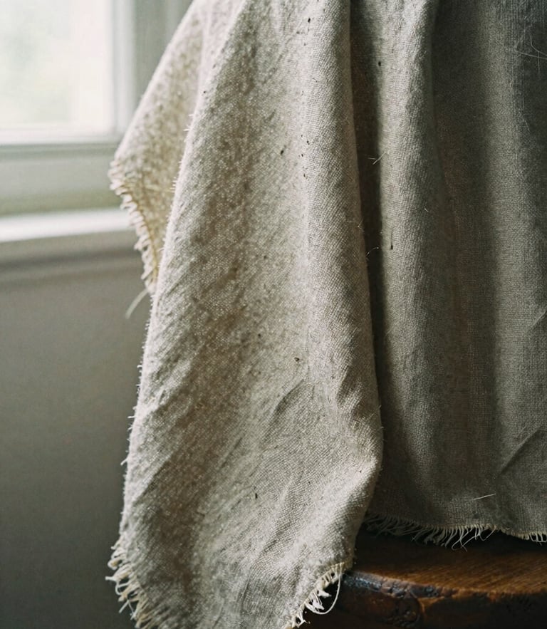 Extreme close-up of heavy raw flax linen draped over a dark oak stool, showing thick thread texture and raw edges under soft morning window light, 35mm film.