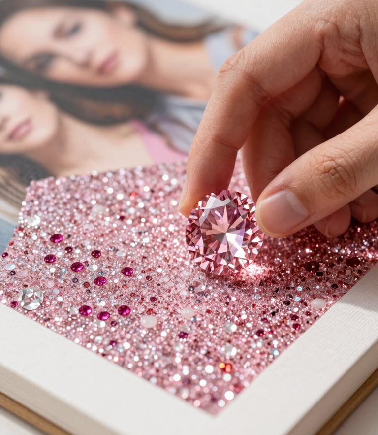 Close-up of a hand placing a sparkling pink resin diamond onto a custom canvas, transitioning from a blurred real photograph background to a highly detailed, glittering 3D mosaic under warm directional light.