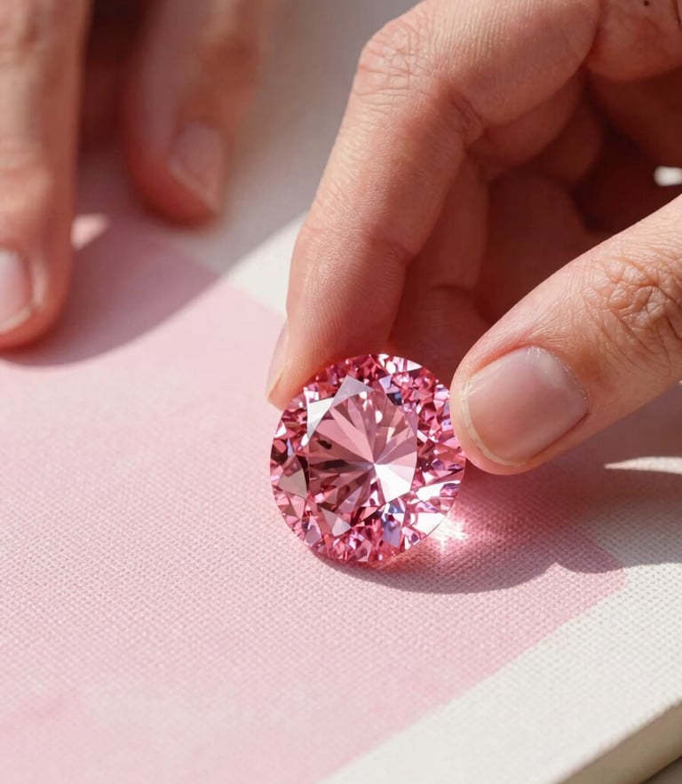 Vibrant editorial photography, close-up of hands placing a glittering pink resin diamond onto a highly detailed canvas, warm directional sunlight highlighting the 3D texture, shallow depth of field