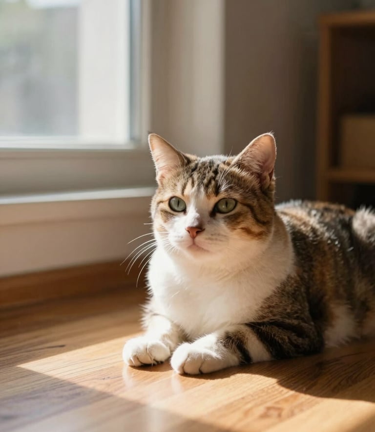 A serene, content domestic cat resting in a sunbeam on a warm wooden floor, cozy home interior, soft natural window light, shallow depth of field, 35mm photography