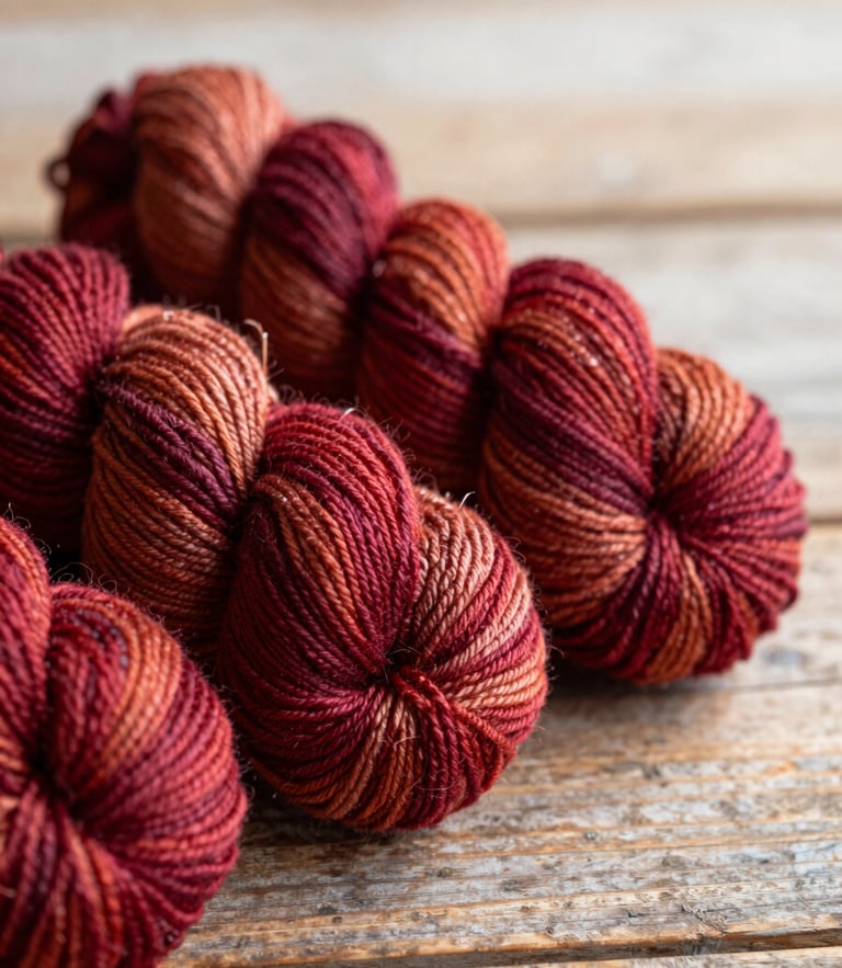 Macro photograph of rich crimson and ochre hand-dyed yarn skeins resting on a rustic wooden table, soft side daylight, shallow depth of field