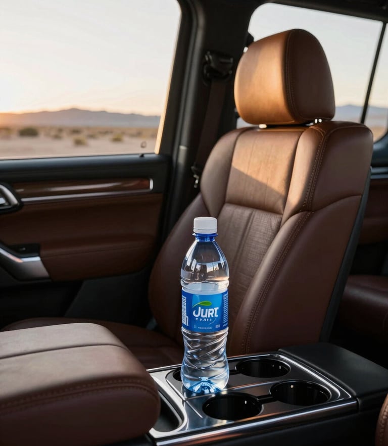 Primer plano del interior de una SUV de lujo impecable con asientos de piel, una botella de agua fría de cortesía en la consola y luz cálida del atardecer de Baja California a través de la ventana.