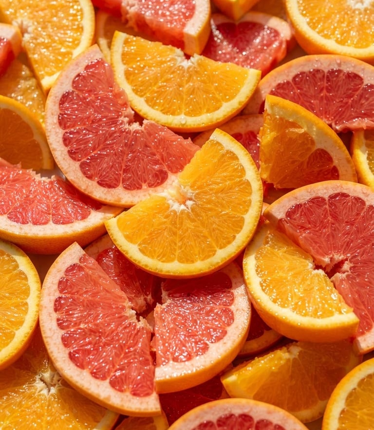Macro flat-lay of dew-kissed sliced oranges and grapefruits glistening under bright natural sunlight, vibrant citrus textures, high-key food photography