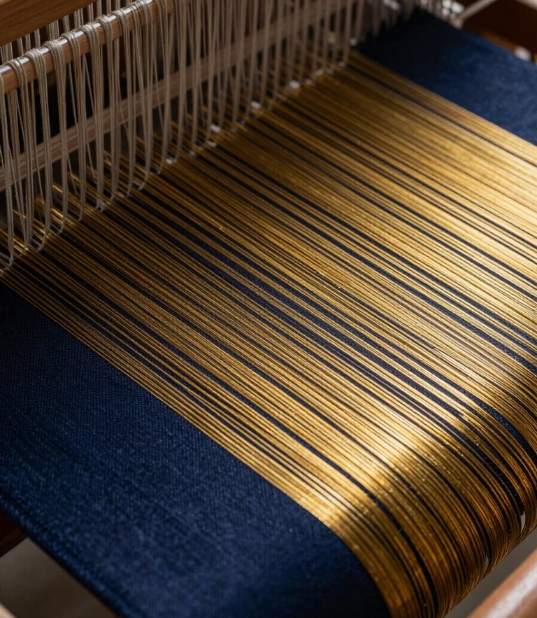 Macro photograph of deep navy and gold threads on an industrial loom, high-contrast studio lighting with metallic highlights, sharp focus on the weave texture, premium editorial style, 85mm lens